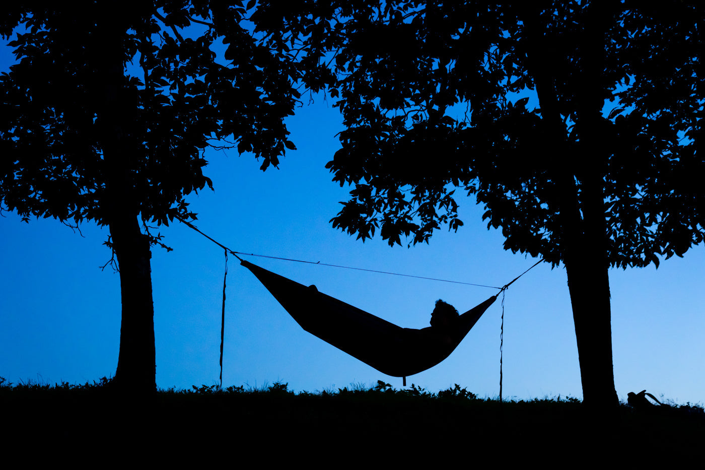 Black figures, shadow-like of a man in an ENO hammock between two trees and the Microtune Structural Hammock Ridgeline is over them all