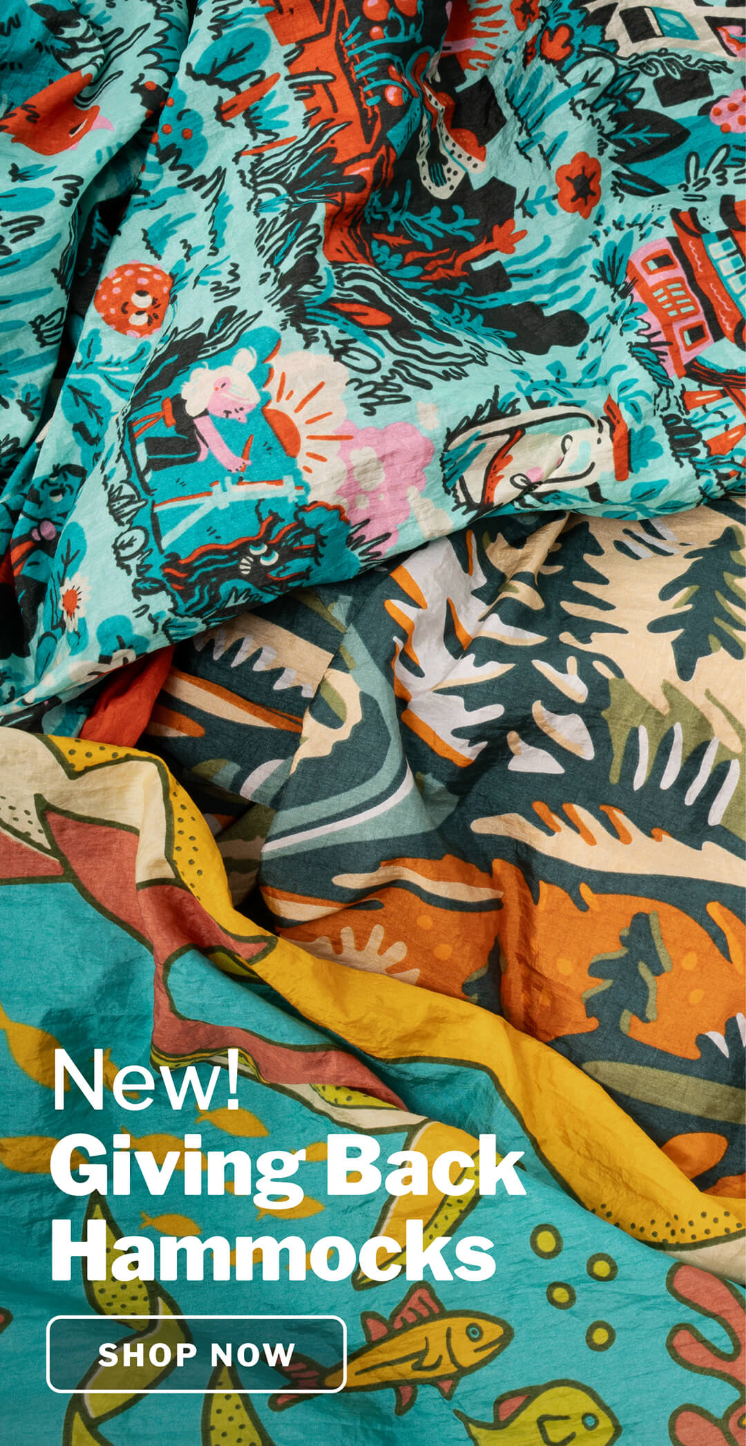 Colorful Giving Back hammocks with a pattern of animals and fish, promotional text 'New! Giving Back Hammocks' and 'Shop Now' button.