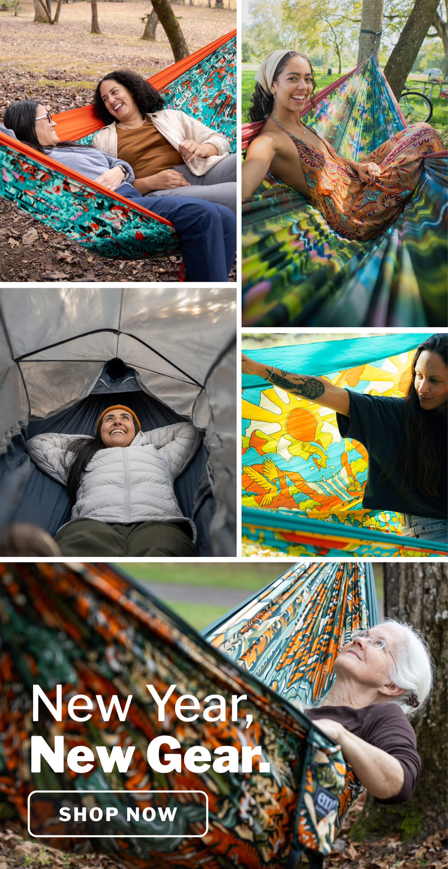 Collage of people using New ENO Hammocks in a forest setting with promotional text for 'New Year, New Gear'.