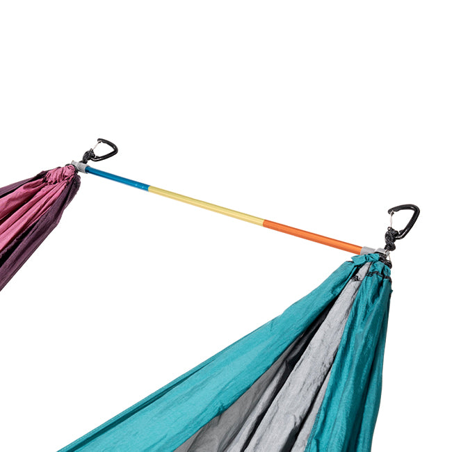 Studio image of ENO Fuse Tandem Hammock System on white background clipped to two hammock ends.