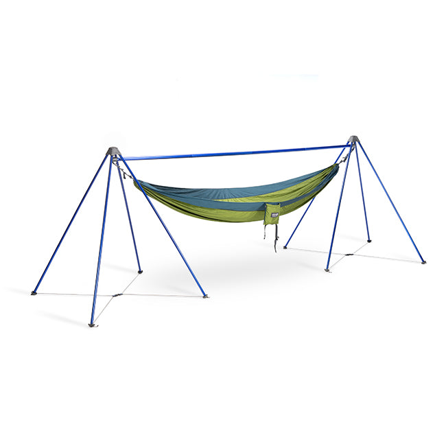 Studio image of ENO Nomad Hammock Stand on white background with hammock handing from stand.