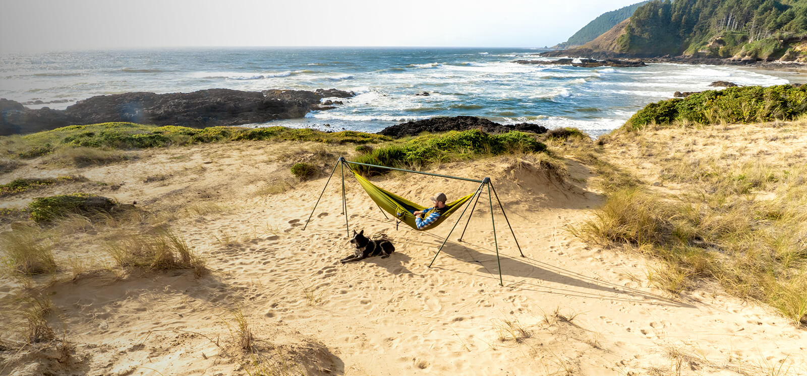 A person laying in a ENO DoubleNest Hammock set up on the Nomad Hammock Stand with dog beachside. 