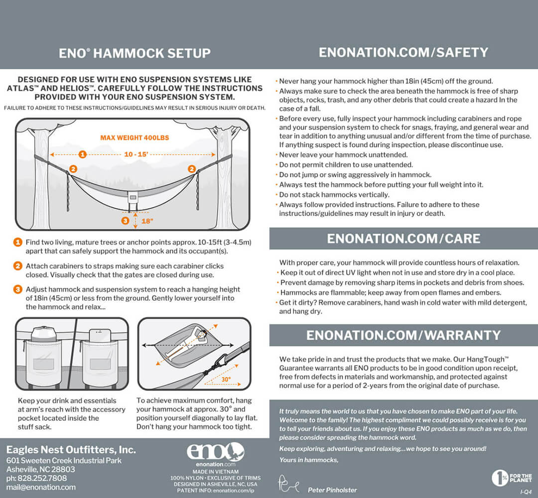 ENO SingleNest Hammock, DoubleNest Hammock Print, and DoubleNest Hammock Setup, Safety, Care, Warranty, and Usage Guidelines