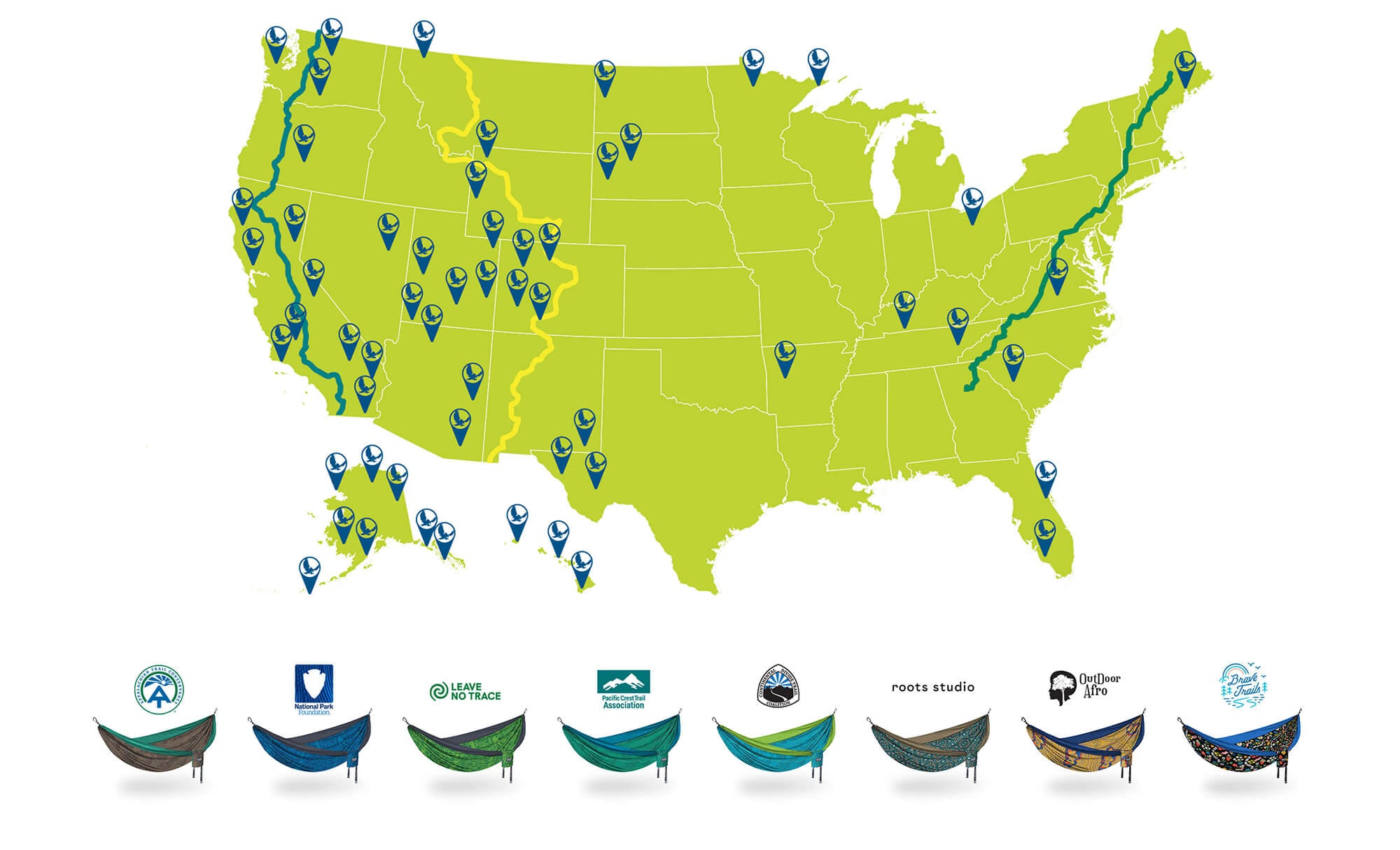 Green map of the USA that highlights ENO's long distance trail partners including the PCT, AT, and CDT. Below the map  are logos and images of each partners Giving Back DoubleNest Hammock Print.