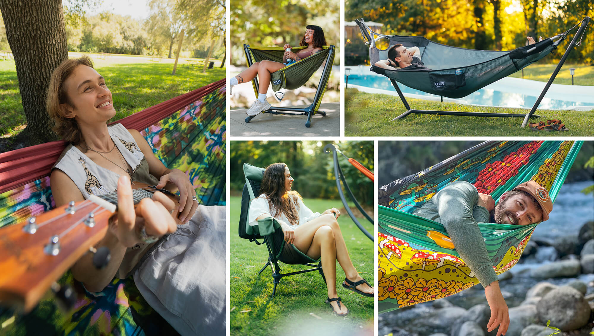 Collage of people using hammocks in various settings during the spring season.