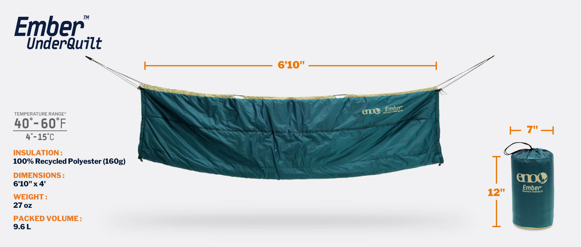 Ember UnderQuilt with dimensions and features on a white background