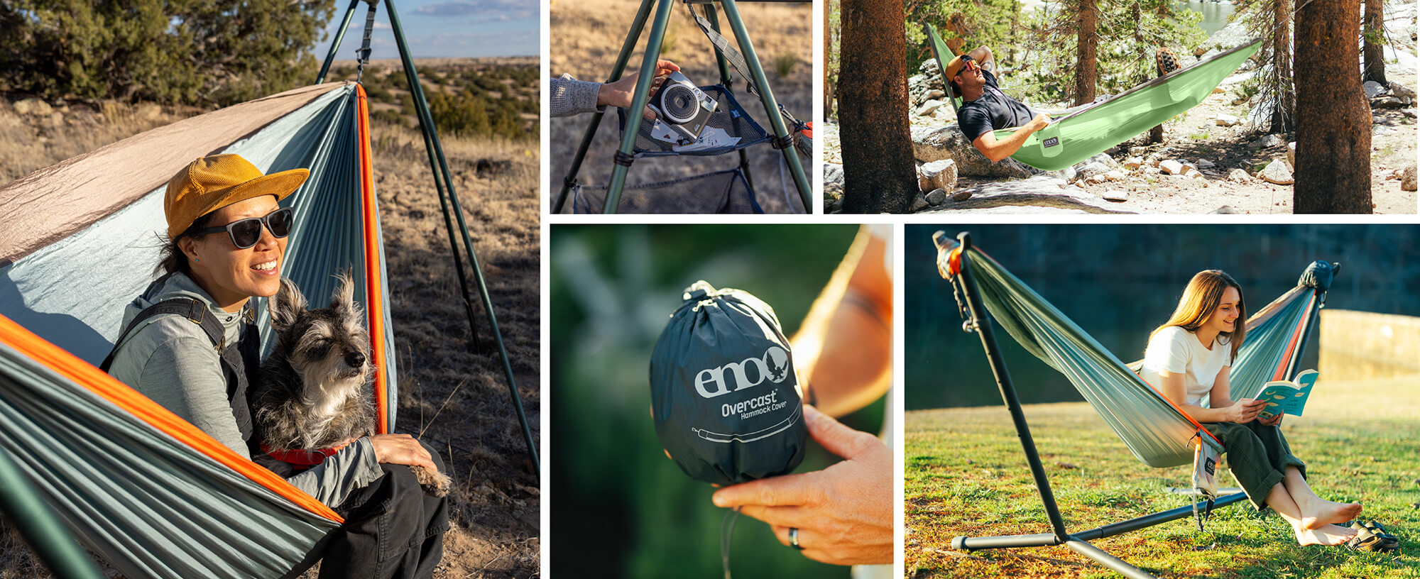 Collage of people using new ENO products in various outdoor settings.