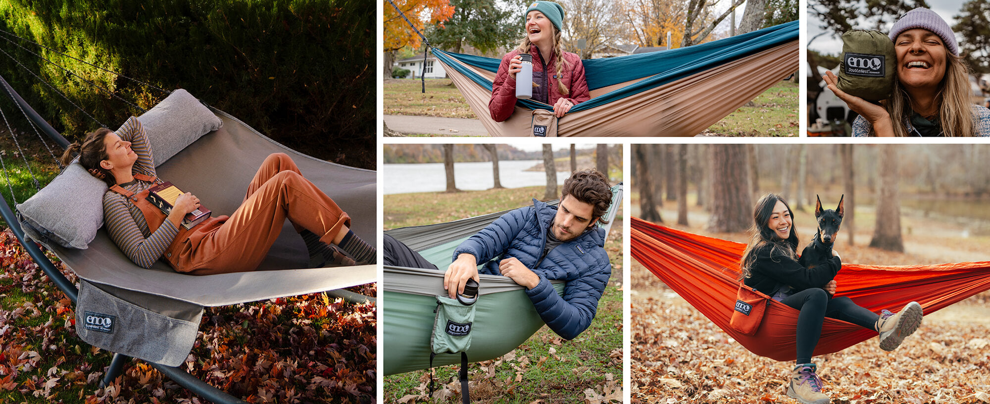 A five-panel collage showing people outdoors using ENO hammocks. The scenes include a man lying in a green hammock, a woman sitting in a red hammock with a dog, a woman smiling while holding a green bag, a woman resting in a beige hammock, and a woman relaxing in a gray SuperNest Hammock set up on a SoloPod XL Hammock Stand.