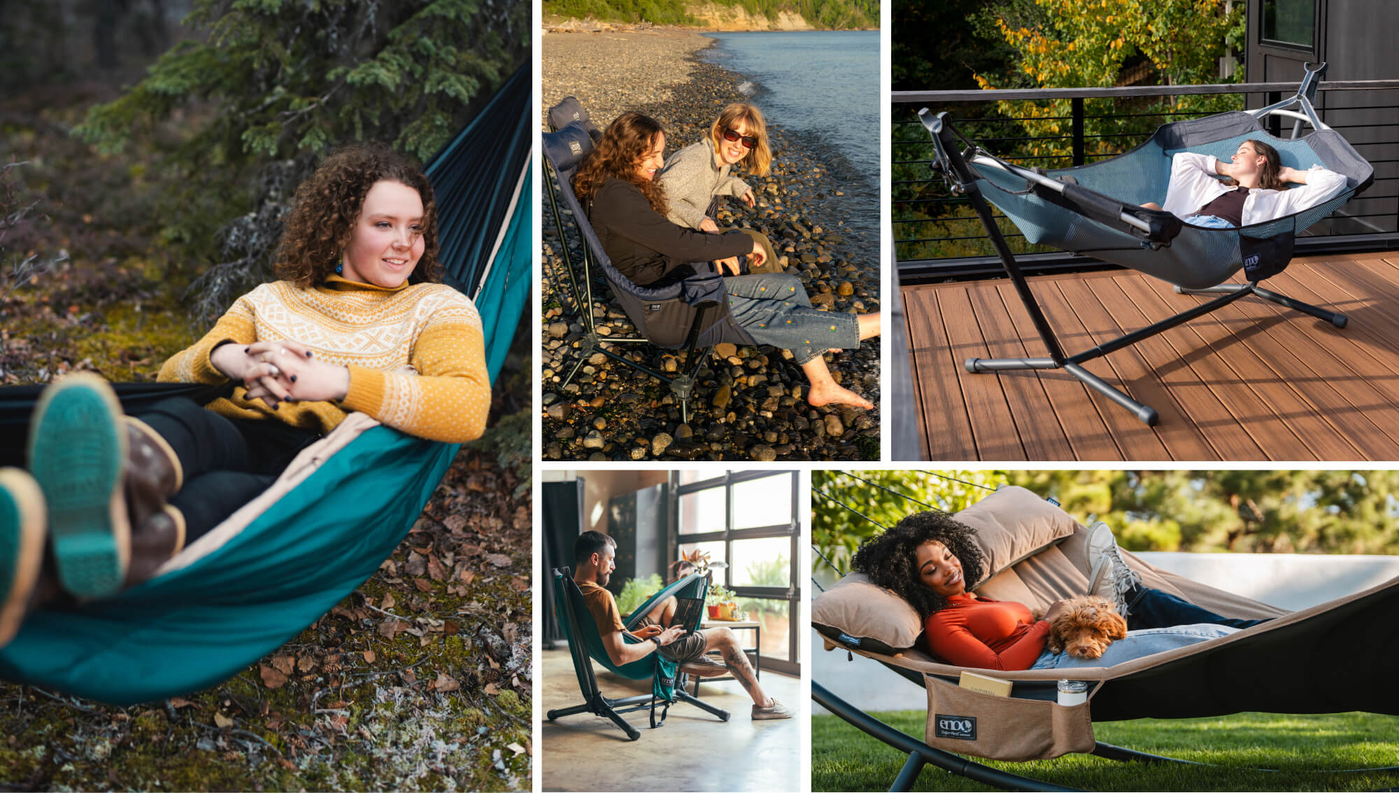 Collage of people using various ENO hammocks and stands in various locations.