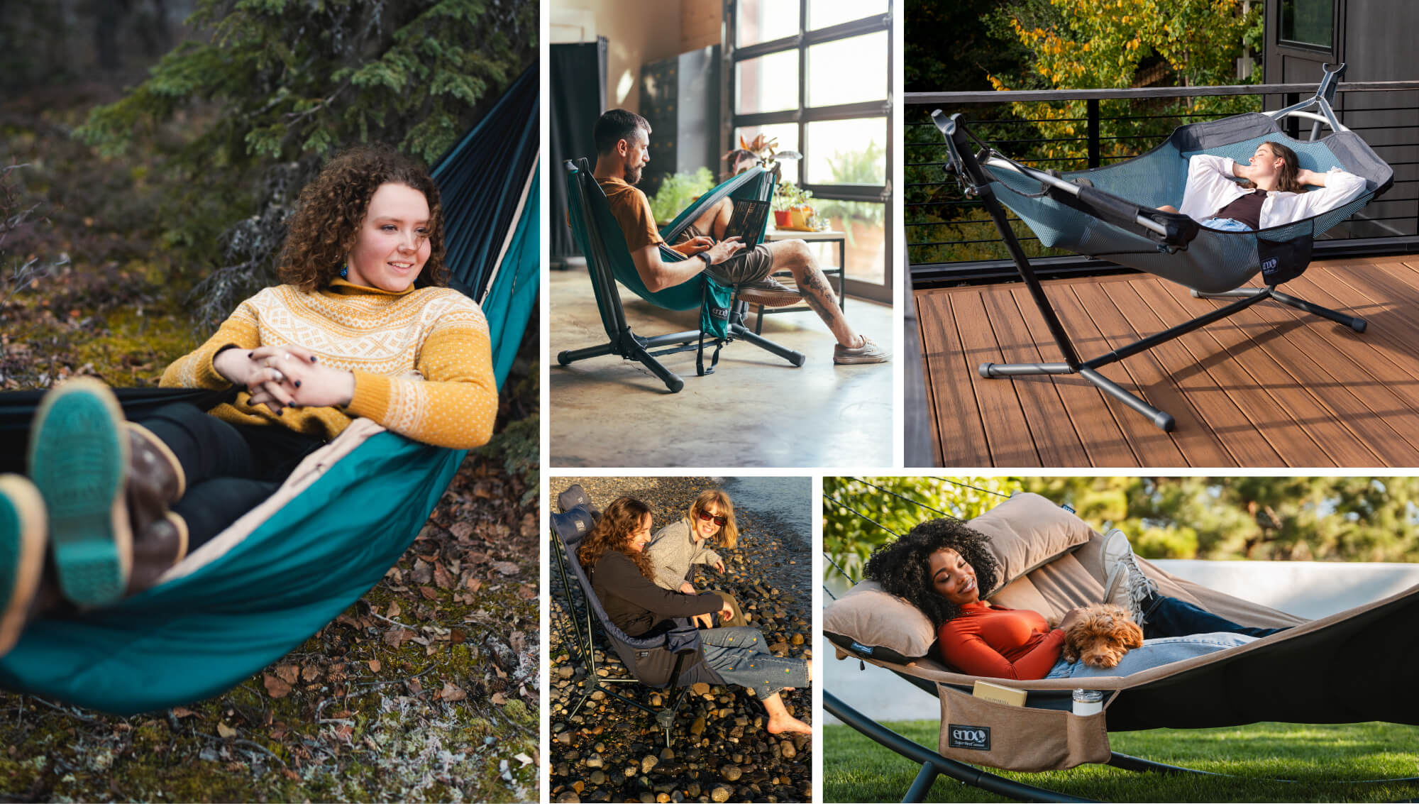 Collage of people using various ENO hammocks and stands in various locations.