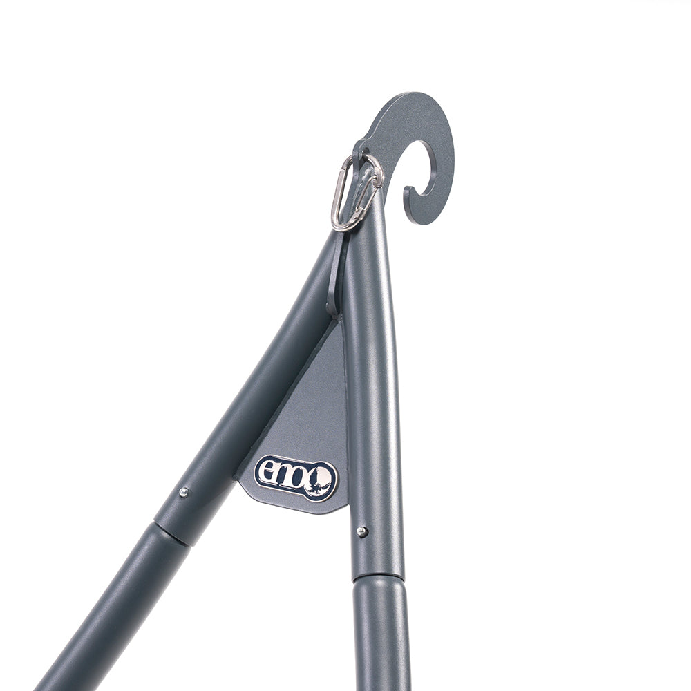Detail studio photo of the top of the SoloPod Hammock Stand connection point and stainless steal carabiner.