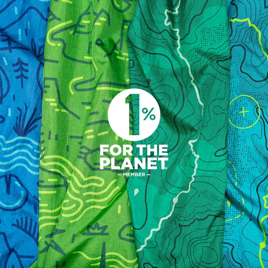 1% for the Planet Member logo overlaid on topographical printed ENO Doublenest Hammocks that are part of the ENO Giving Back Collection. 