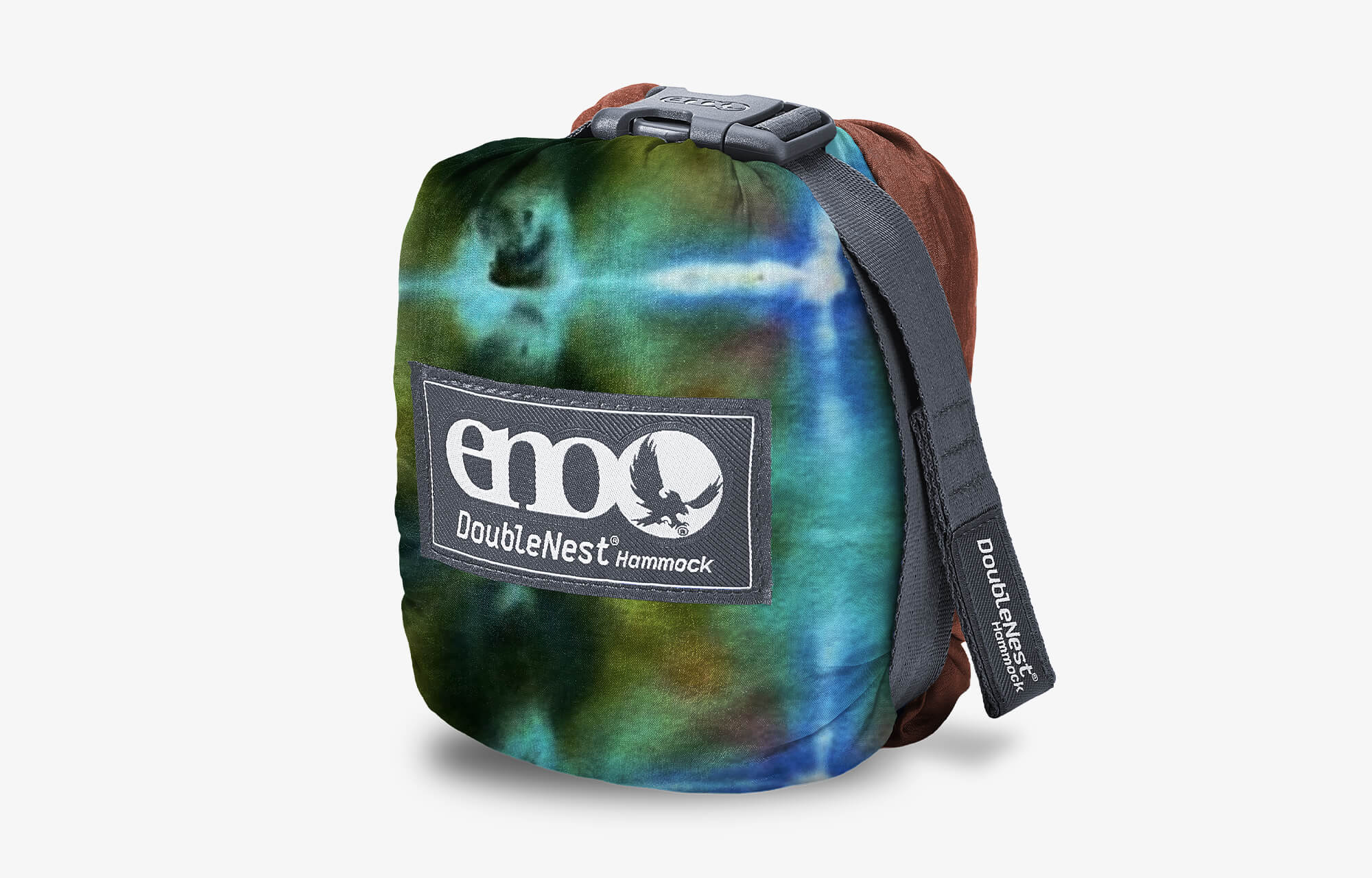 Packed up ENO DoubleNest Hammock Print in Shibori Fig in hammock stuff sack