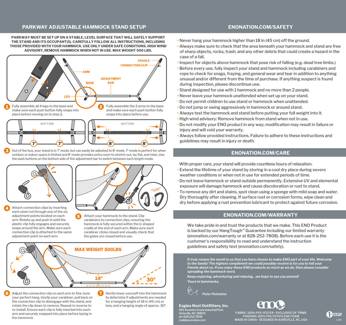 Detailed instruction sheet for a parkway adjustable hammock stand setup with safety and care information.