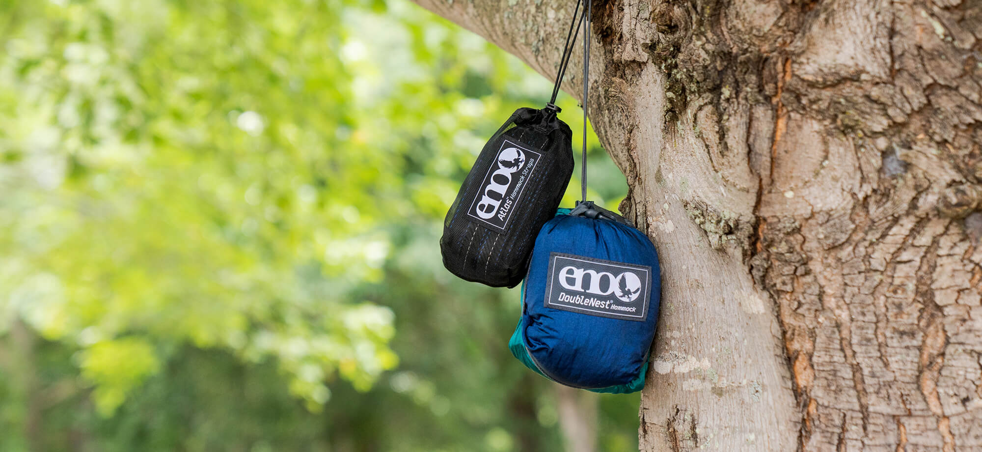 Packed up Atlas Hammock Straps in stuff sack and ENO DoubleNest Hammock packed in it's stuff sack, hanging from a tree.