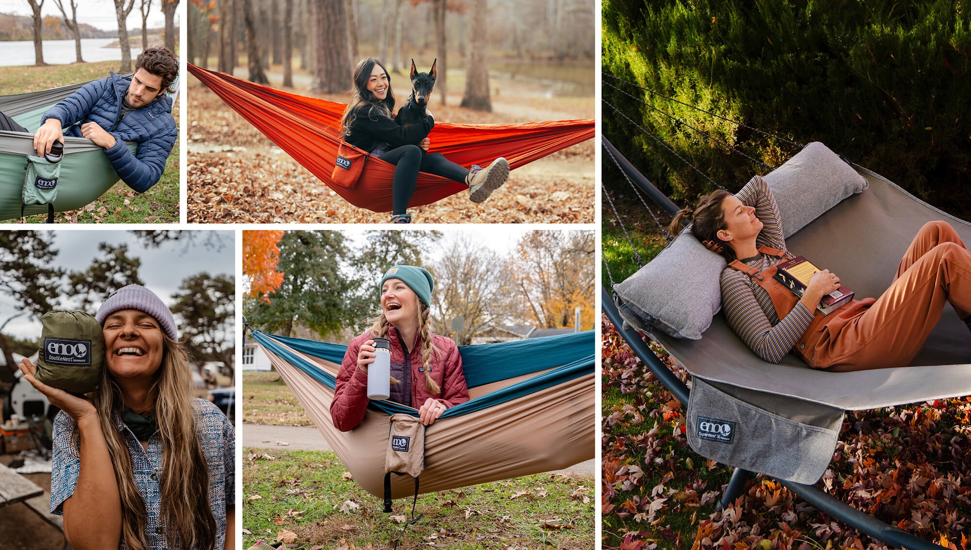 A six-panel collage showing people outdoors using ENO hammocks. The scenes include a man lying in a green hammock, a woman sitting in a red hammock with a dog, a woman smiling while holding a green bag, a woman resting in a beige hammock, and a woman relaxing in a gray SuperNest Hammock set up on a SoloPod XL Hammock Stand.