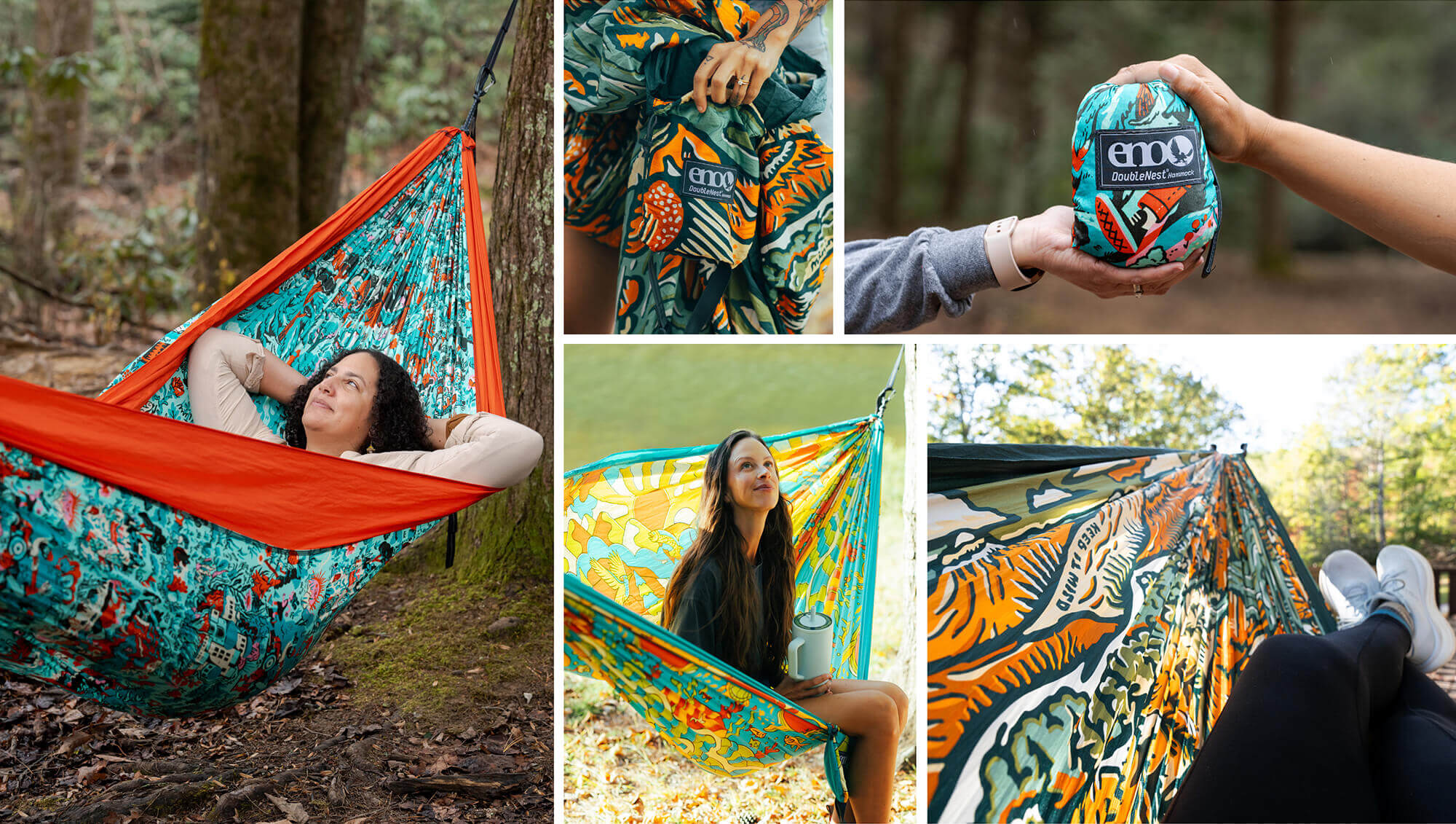 Collage of people using new ENO Giving Back Hammocks in a forest setting, with a focus on the hammock design and brand.