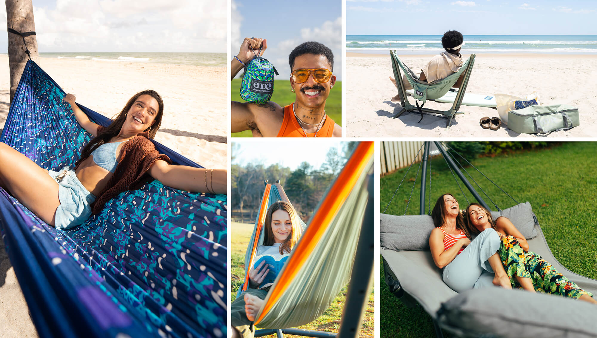 Collage of people using ENO hammocks in various settings