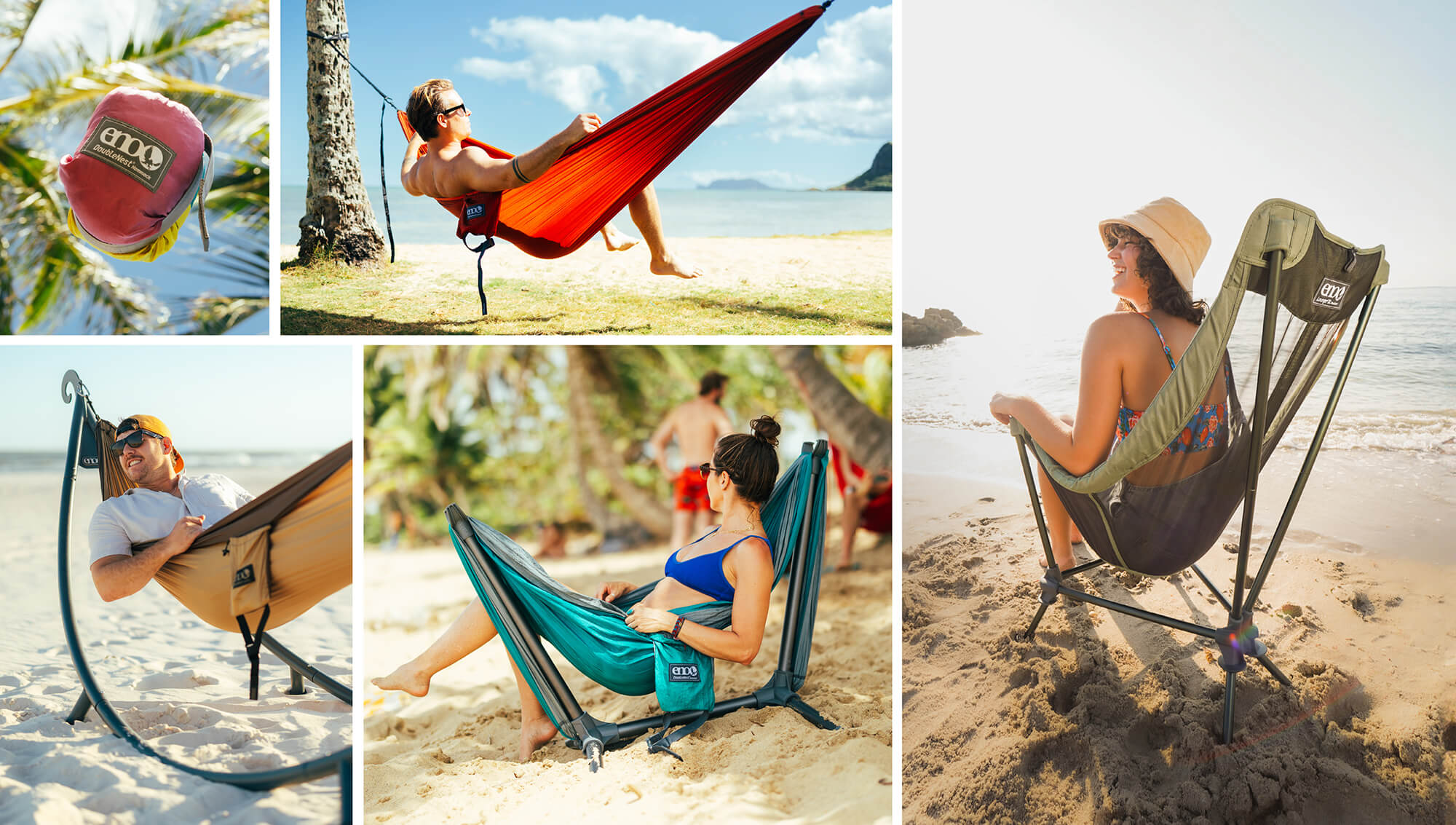 Collage of ENO gear used in different beach/summer locations.