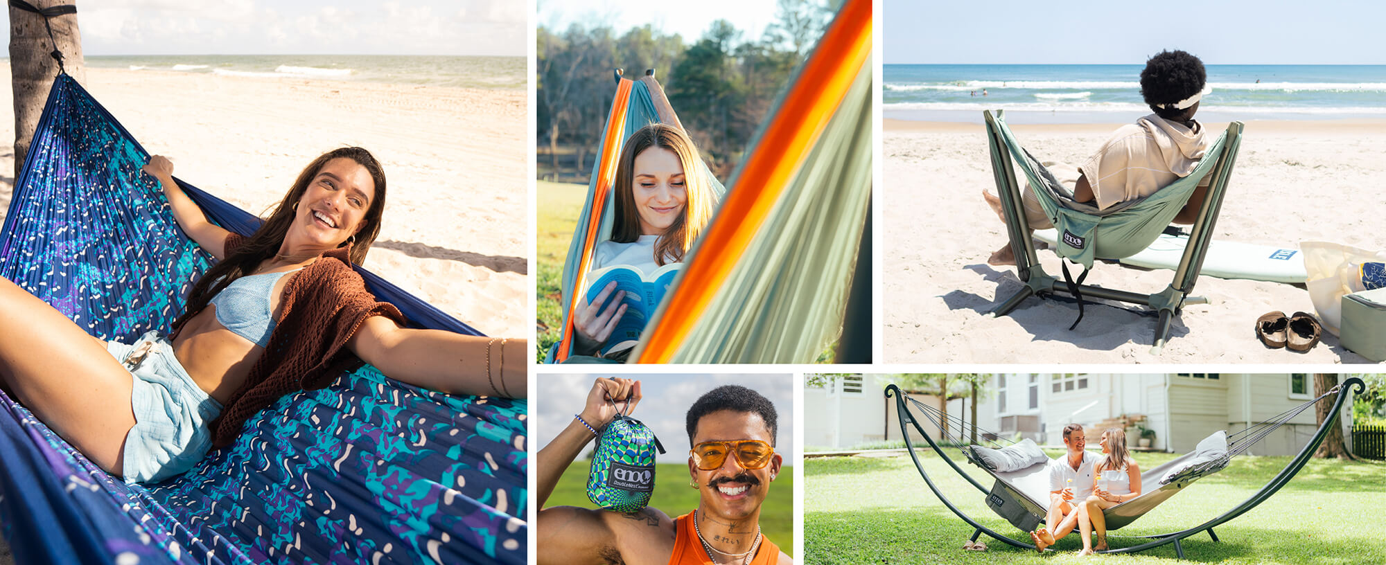Collage of people using ENO hammocks in various settings