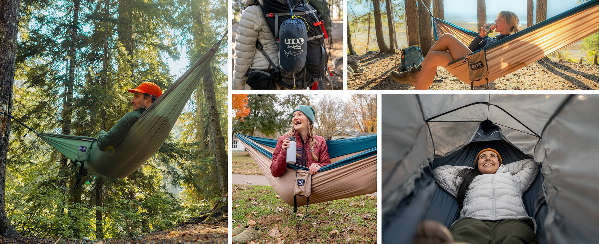 Collage of people using new ENO hammock products in different settings.