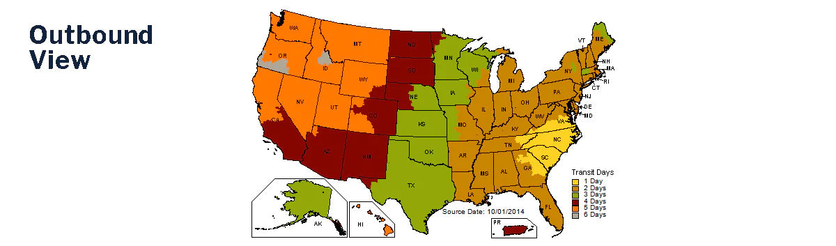 A Outbound View map of ENO transit estimates times for US states.