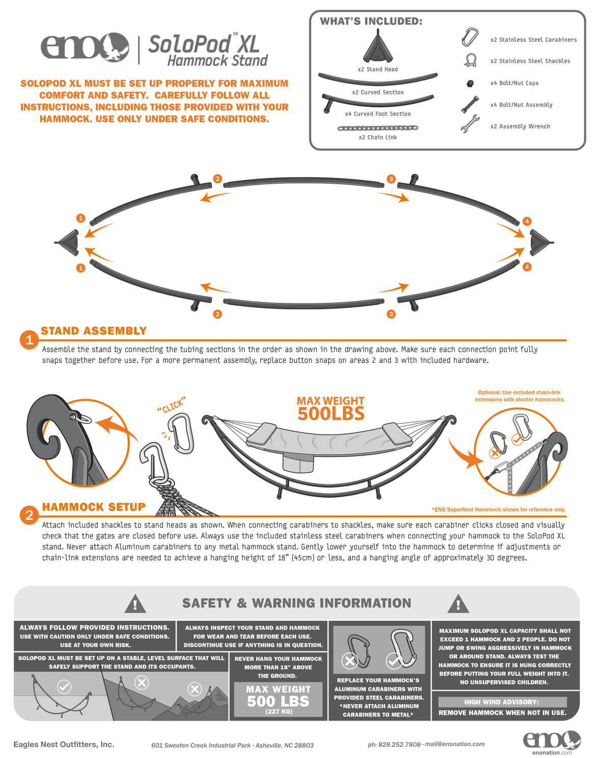 SoloPad XL Hammock Stand assembly instructions with illustrations and text.