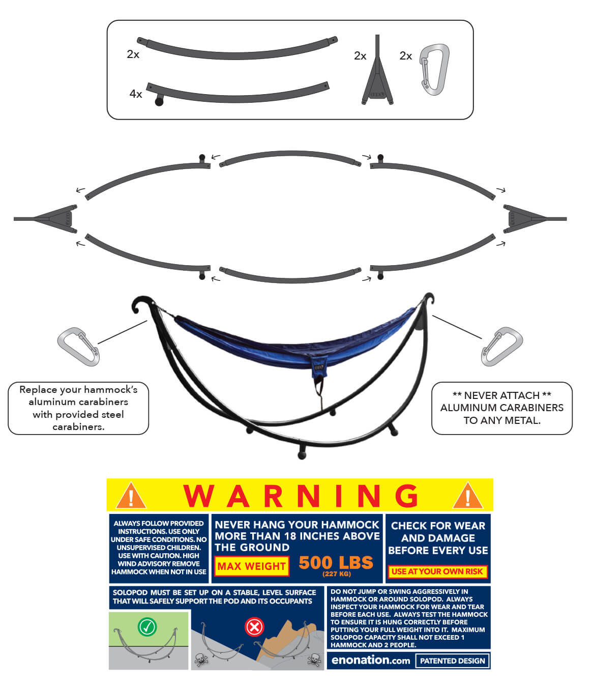 SoloPod Hammock Stand setup diagram with components and safety warning label on a white background