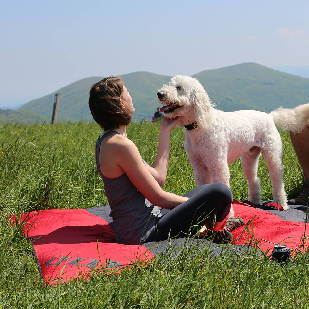 A woman sitting on top of a mountain petting a white dog on top of an ENO ground blanket.