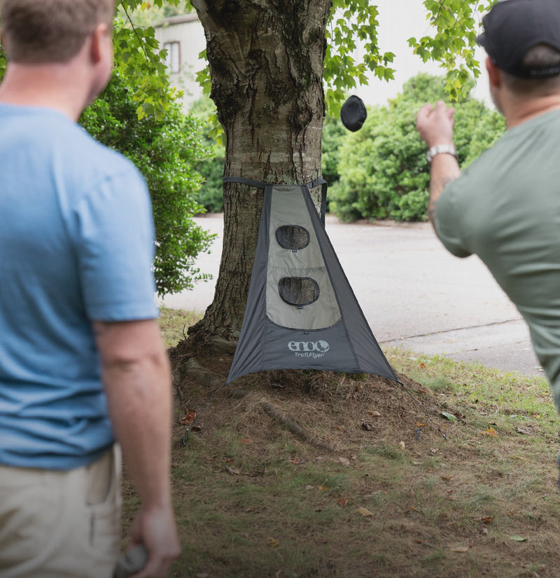 Animated GIF of people playing the ENO TrailFlyer Outdoor Game in the new colorways and different outdoor environments.