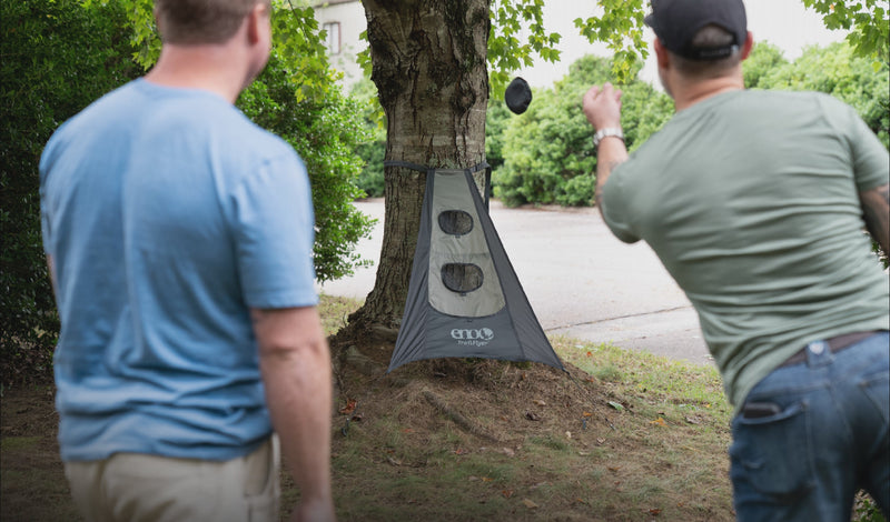 Animated GIF of people playing the ENO TrailFlyer Outdoor Game in the new colorways and different outdoor environments.